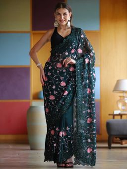 Odette - Teal Georgette Embroidery Saree with Unstitched Blouse