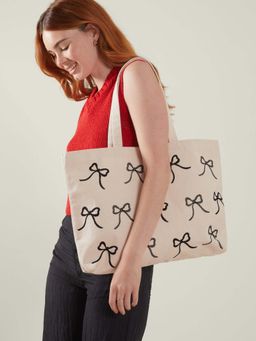 Accessorize London - Women's Cream Bow Printed Cotton Shopper Tote Bag