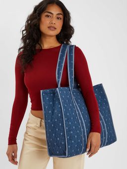 Accessorize London - Women's Blue Polka Dot Denim Shopper Tote Bag
