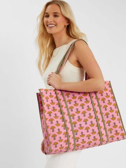 Accessorize London - Women's Pink Floral Block Printed Quilted Tote Bag