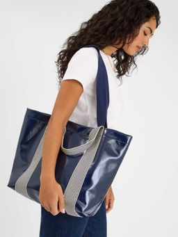 Accessorize London - Women's Navy Blue Double Strap Patent Shopper Tote Bag