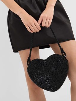 Accessorize London - Women's Black Beaded Heart Handbag