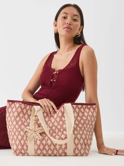 Accessorize London - Women's Red Diamond Crochet Shopper Tote Bag