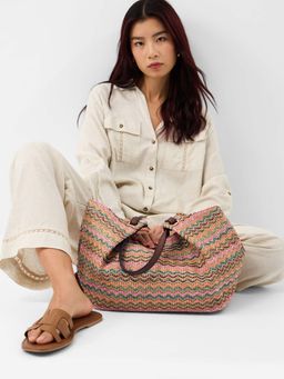Accessorize London - Women's Brown Textured Raffia Tote Bag