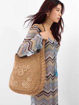 Accessorize London - Women's Brown Slouchy Raffia Flower Handbag