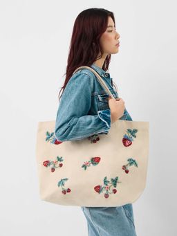 Accessorize London - Women's Cream Strawberry Embellished Shopper Tote Bag