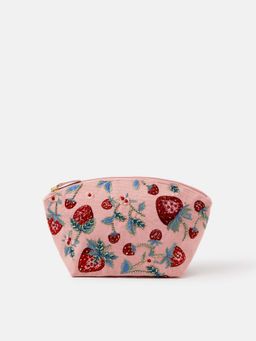 Accessorize London - Women's Pink Embellished Strawberry Make Up Pouch