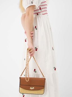 Accessorize London - Women's Brown Twist Lock Raffia Crossbody Sling Bag
