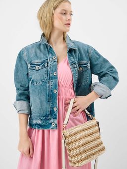 Accessorize London - Women's Brown Stripes Raffia Sling Bag with Detachable Strap