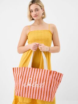 Accessorize London - Women's Red Slogan Stripes Beach Tote Bag