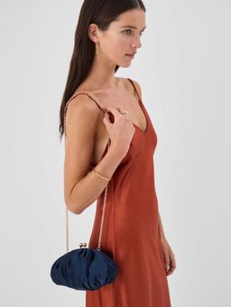 Accessorize London - Women's Navy Blue Ruched Satin Clip Frame Clutch With Detachable Strap
