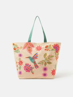 Accessorize London - Women’s Beige Embroidered Beach Tote Bag