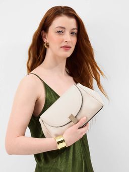 Accessorize London - Women's Cream Lock Detail Clutch With Detachable Strap
