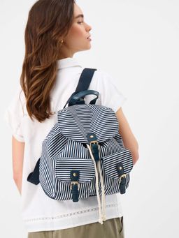 Accessorize London - Women's Navy Blue Stripe Printed Backpack