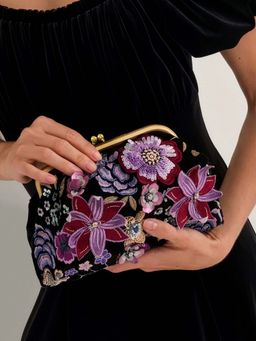 Accessorize London - Women's Black Floral Beaded Clutch