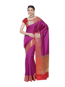 Banarasi Silk Works - Magenta Valkalam Katan Silk Anchal Saree with Unstitched Blouse