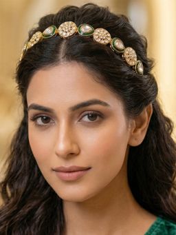 Estele - Women Designer Kundan Green Enamel Stone Gold Hair Band