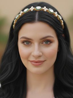 Estele - Women Kundan Green Enamel with Stone Hair Band