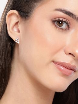 Carlton London - 925 Sterling Silver Rhodium Plated Cz and Pearl Stud Earrings