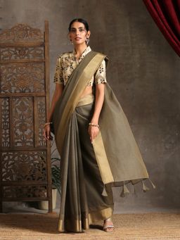 Triyah - Ash Grey Dual Shade Cotton Saree with Border and Tassels