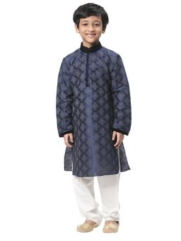 Manyavar - Boys Blue Silk Party Wear Printed Kurta Churidar (set Of 2)