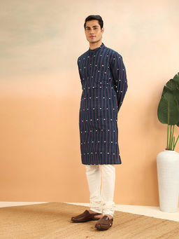 Fabindia - Navy Blue Cotton Hand Woven Slim Fit Long Kurta