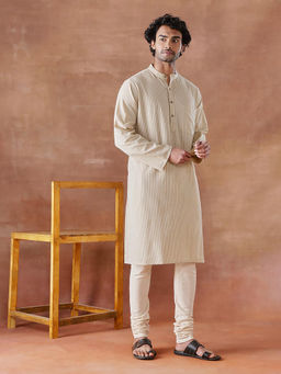 Fabindia - Beige Cotton Stripe Long Kurta