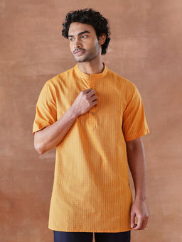 Fabindia - Yellow Cotton Dobby Short Kurta