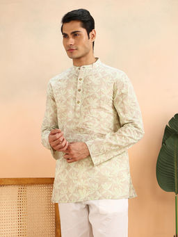 Fabindia - Beige Cotton Printed Slim Fit Short Kurta