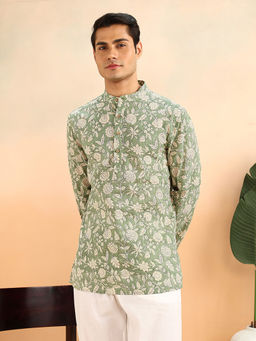 Fabindia - Green Cotton Hand Block Printed Slim Fit Short Kurta