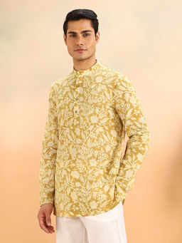 Fabindia - Yellow Cotton Kalamkari Printed Slim Fit Short Kurta