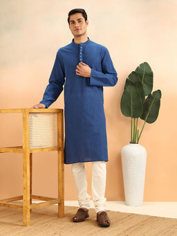 Fabindia - Navy Blue Cotton Embroidered Long Kurta