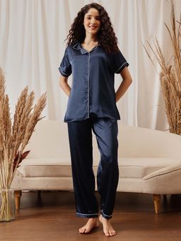 Clovia - Satin Button-Down Shirt And Pyjama