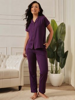 Clovia - Super-Soft Brushed-Poly Spandex Button-Down Shirt And Pyjama Purple