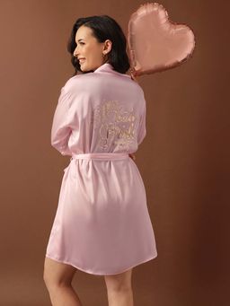 Clovia - Luxurious Bridesmaid Short Robe In Baby Pink - Satin (Set of 2)