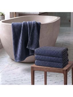 Athom Living - Waffle & Terry Solid Bath Towels - Navy Blue (Pack of 4) (L)