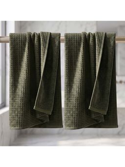 Athom Living - Waffle & Terry Solid Bath Towels - Olive (Pack of 2) (L)