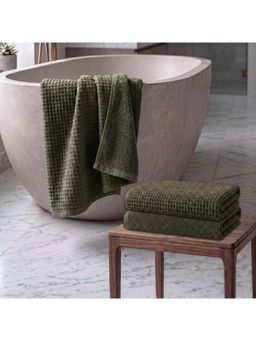 Athom Living - Waffle & Terry Solid Bath Towels - Olive (Pack of 3) (L)