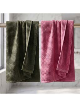 Athom Living - Waffle & Terry Solid Bath Towels - Multi-Color (Pack of 2) (L)