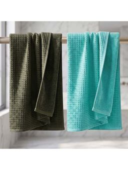 Athom Living - Waffle & Terry Solid Bath Towels - Multi-Color (Pack of 2) (L)