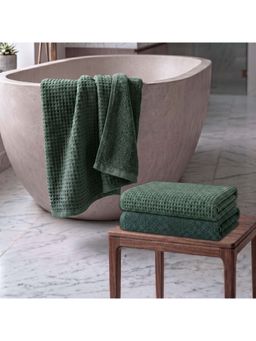 Athom Living - Waffle & Terry Solid Bath Towels - Green (Pack of 3) (L)