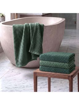 Athom Living - Waffle & Terry Solid Bath Towels - Green (Pack of 4) (L)
