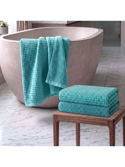 Athom Living - Waffle & Terry Solid Bath Towels - Blue (Pack of 3) (L)