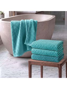 Athom Living - Waffle & Terry Solid Bath Towels - Blue (Pack of 4) (L)