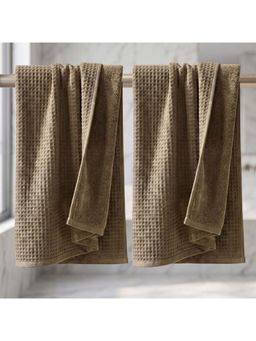 Athom Living - Waffle & Terry Solid Bath Towels - Brown (Pack of 2) (L)