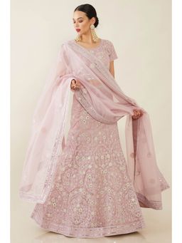 Soch - Women Purple Organza Embroidered Lehenga Choli Dress Material (Set of 3)