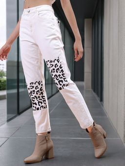 Freehand - Women Straight Fit Placement Animal Print Mid Rise White Jeans