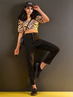 Freehand - Women Straight Fit Laser Geometric Print Mid Rise Black Jeans