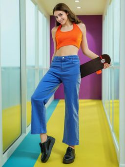 Freehand - Women Wide Leg Solid Mid Rise Blue Jeans