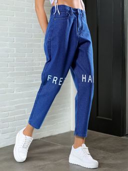 Freehand - Women Mom Fit Placement Print Mid Rise Blue Jeans